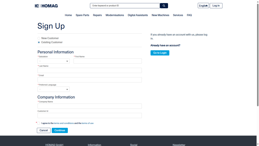 Registration form in HOMAG eParts