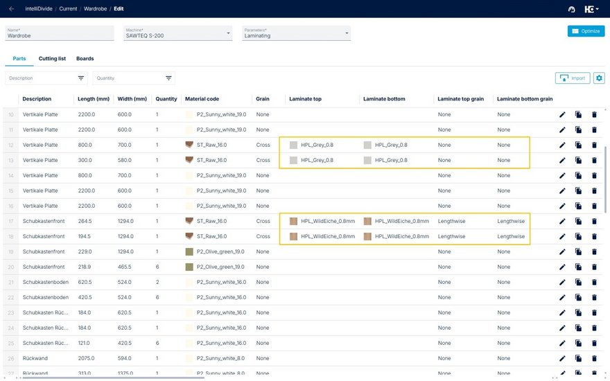 Angabe des Materials für den Belag oben und Belag unten in der Stückliste.   Specification of the material for the top and bottom laminates in the parts list.