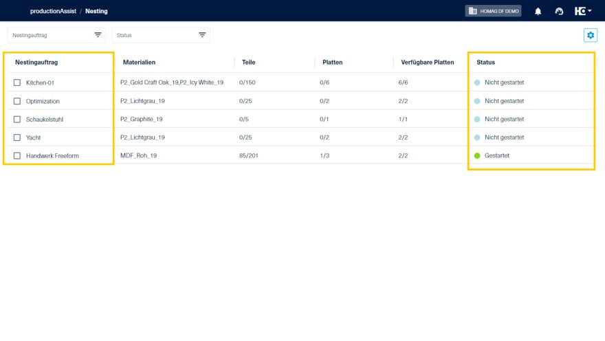Auftragsübersicht und Statusanzeige der Nesting Aufträge