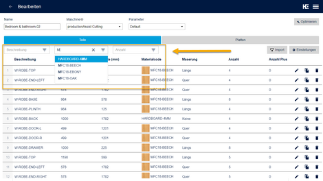 Filtern der Teileliste