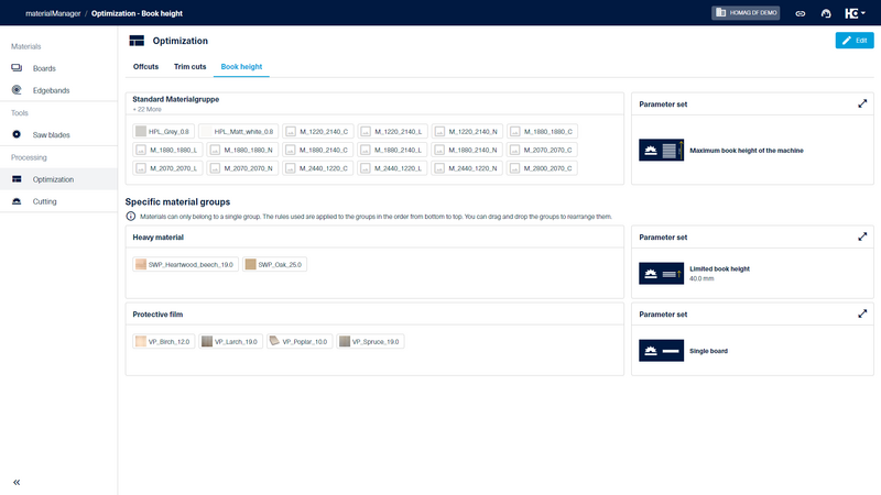 In the “Optimization” area of the materialManager, you have the option of creating material groups for optimization parameters for the maximum book height and specifying corresponding parameters. 