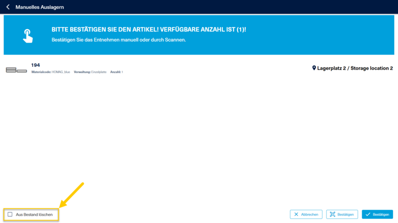 Die Checkbox „Aus Bestand löschen“ ist nicht mehr verfügbar.