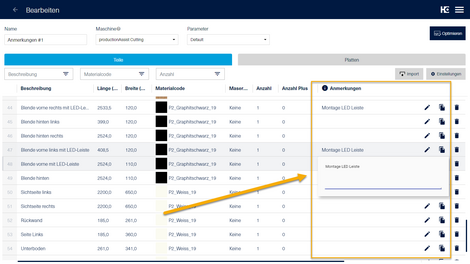 Hinterlegen von Anmerkungen zu Teilen in der Bearbeiten-Ansicht.