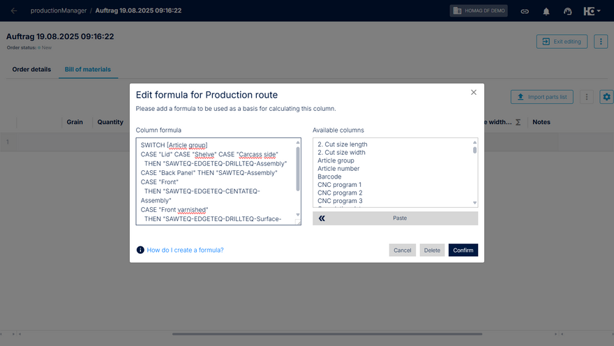 Example: definition of the production route through a formula