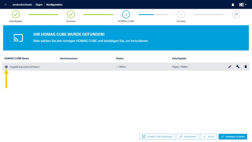 Auswahl eines oder mehrerer HOMAG CUBEs am Arbeitsplatz