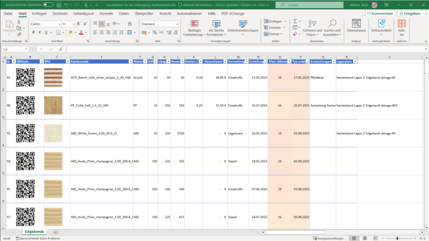 Übersicht über die Lagerbestände. Alle Kanten sind nach Alter und Typ sortiert. Der QR-Code kann direkt im materialAssist verwendet werden, um das Kantenband zu finden.