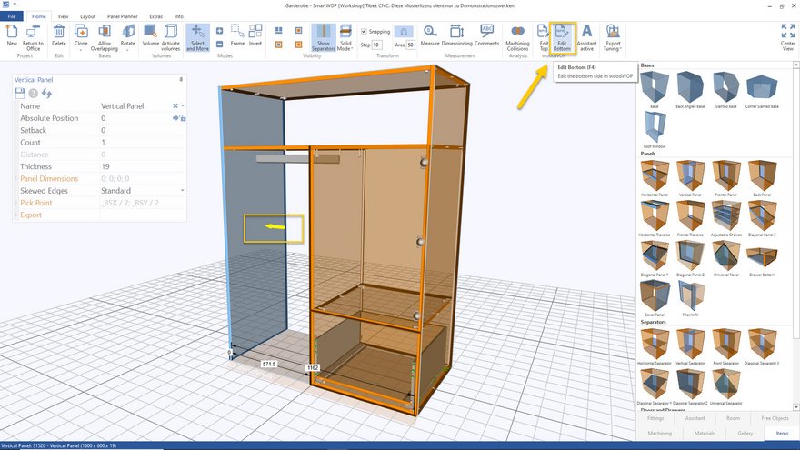 You can choose which page you want to edit in woodWOP. A yellow arrow visualizes the selection in SmartWOP.