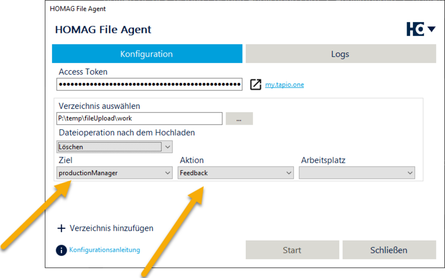 Select productionManager and Feedback. Another input option opens. There you can select the machines assigned to you that you have previously created in tapio.