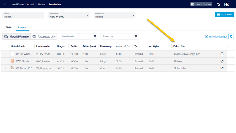 In der Spalte "Pakethöhe" in der Registerkarte "Platten" wird die Materialgruppe jeweils pro Material angezeigt. 