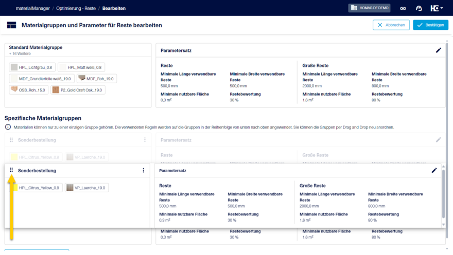 Die Reihenfolge der Materialgruppen kann durch Drag&Drop angepasst werden.