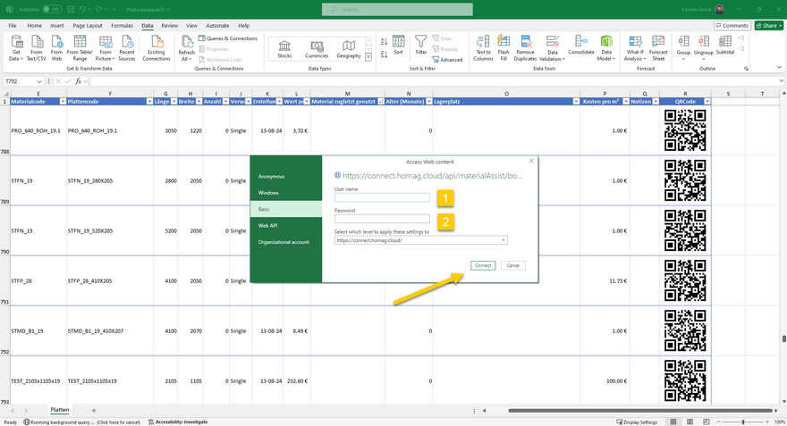 To connect Excel to the respective application, the SubscriptionId must be entered as the user name and the authorization key as the password.