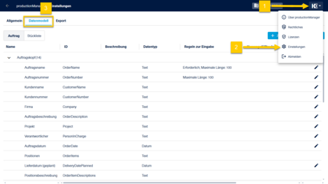 Die Einstellungen zum Datenmodell (3) können im HOMAG Menü (1) über die Einstellungen (2) aufgerufen werden.