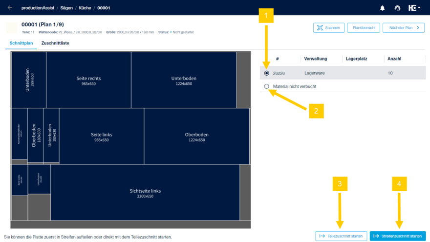 Auswahl einer Platte/eines Rests aus dem materialAssist Boards vor dem Start des Streifen- oder Teilezuschnitts.