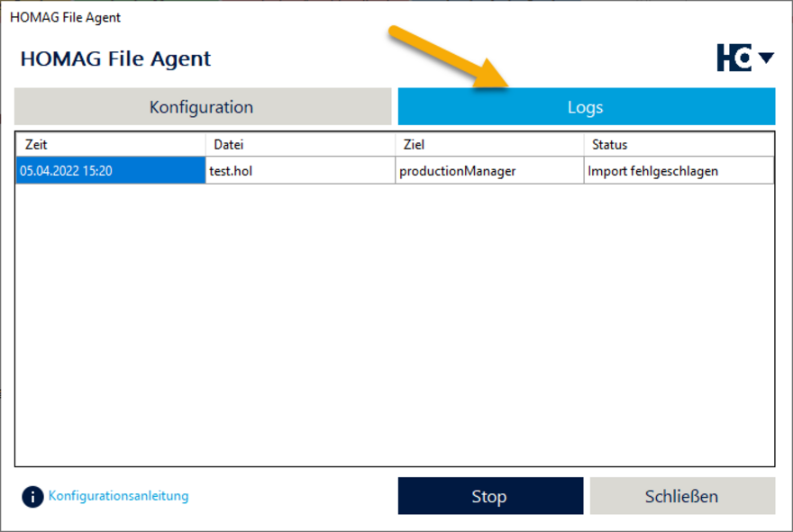 Log of performed actions in the Logs tab.