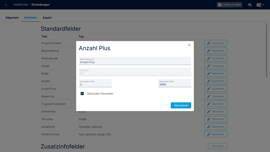 Standardfeld Bearbeitungsmöglichkeiten