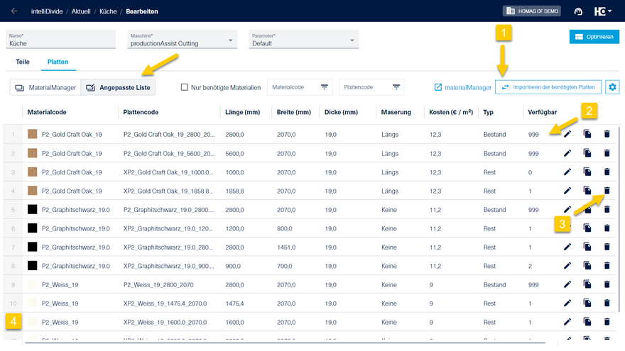 Im Modus "Angepasste Liste" kann eine individuelle Liste von Platten für die Optimierung zusammengestellt werden. Es können die vorhanden Platten aus dem materialManager importiert werden (1). Weiterhin ist es möglich die verfügbare Menge anzupassen (2), Typen zu löschen (3) oder neue einzufügen (4).