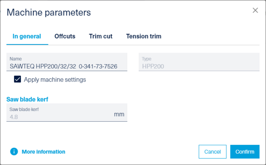 Machine parameters of a saw connected via tapio.