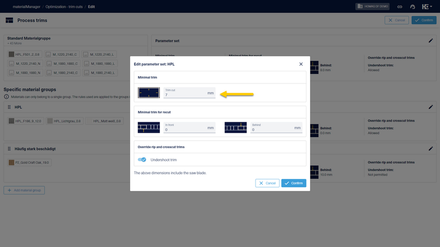 Reduce trim cuts for hard materials