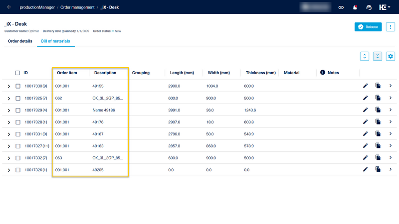 The values come from the “Order item” and “Description/s” columns of the order item at BOM level. 