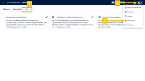 Im HOMAG Menü (1) können über die Einstellungen (2) die Exporteinstellungen aufgerufen werden (3).