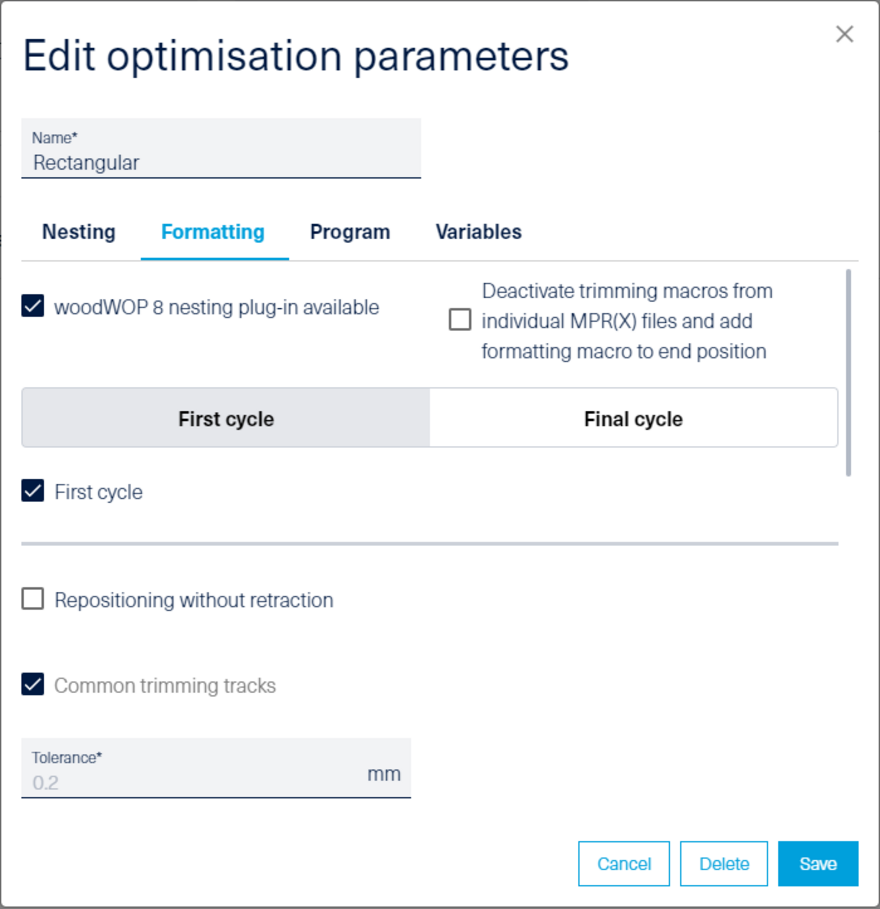 Optimization parameters - formatting enabled