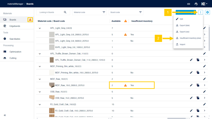 Export all material types with insufficient inventory
