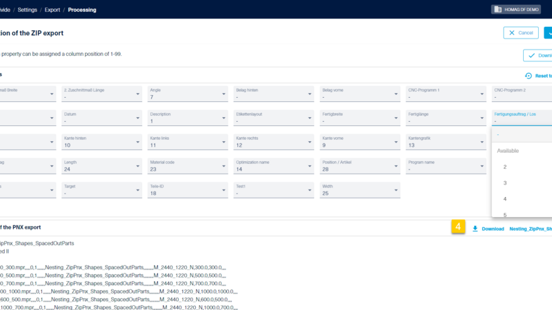 The data stored in intelliDivide for each part can be assigned to a column (1). The preview (2) shows what the PNX file will look like for a caried out optimization (3). The result can be downloaded for testing in the form of a PNX file (4) or ZIP file that includes all files (5). 