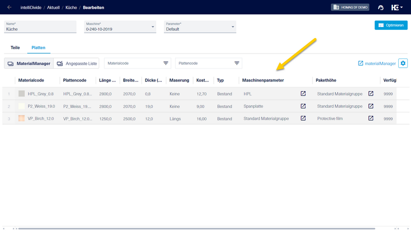 In der Spalte "Maschinenparameter" in der Registerkarte "Platten" wird die Materialgruppe jeweils pro Material angezeigt. 