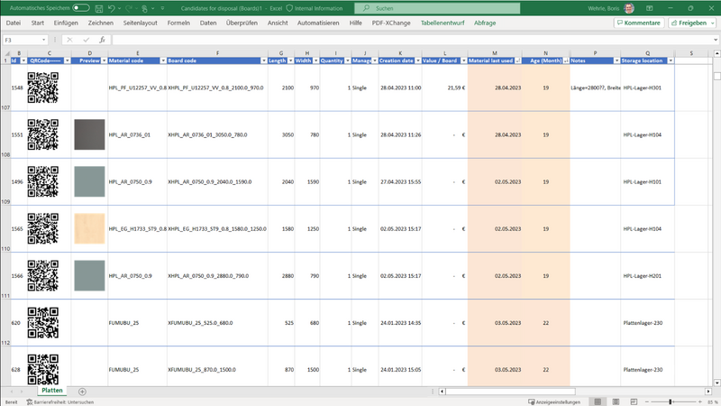 Overview of the inventory. All boards are sorted by age and type. The QR code can be used directly in materialAssist to dispose of the board.