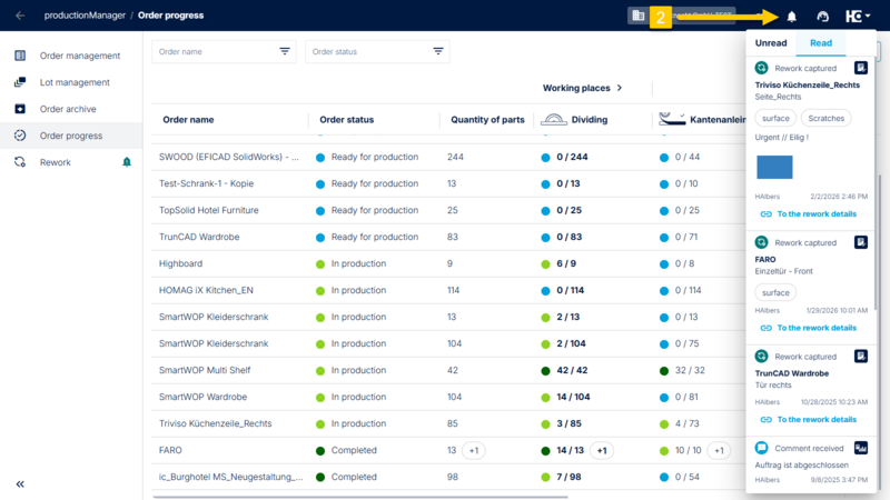 The "Order Progress" tab (1) and the notifications (2) are automatically refreshed every 60 seconds.
