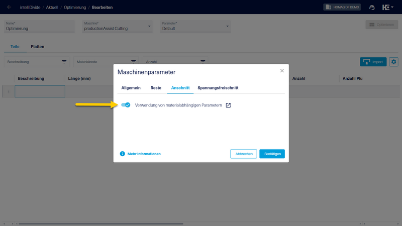 Damit die im materialManager festgelegten Einstellungen wirksam werden, muss diese Funktion in intelliDivide für die jeweilige Maschine aktiviert werden.