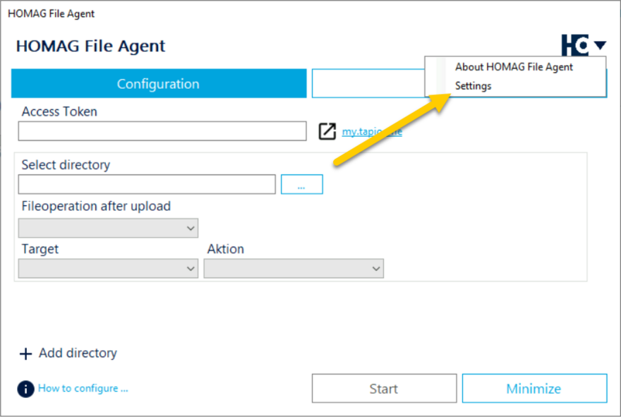 Access to the settings