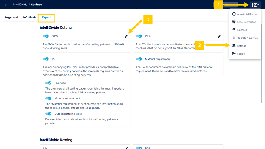 Opening the SAW export settings