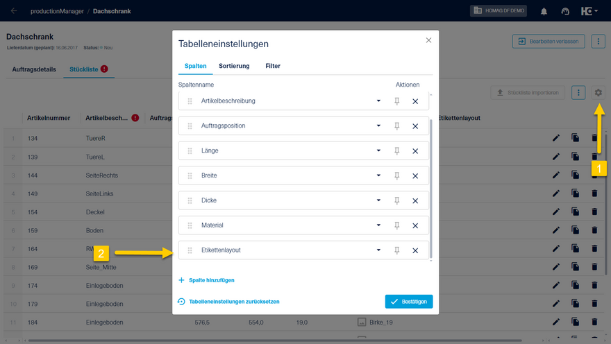 Tabelleneinstellungen im productionManager