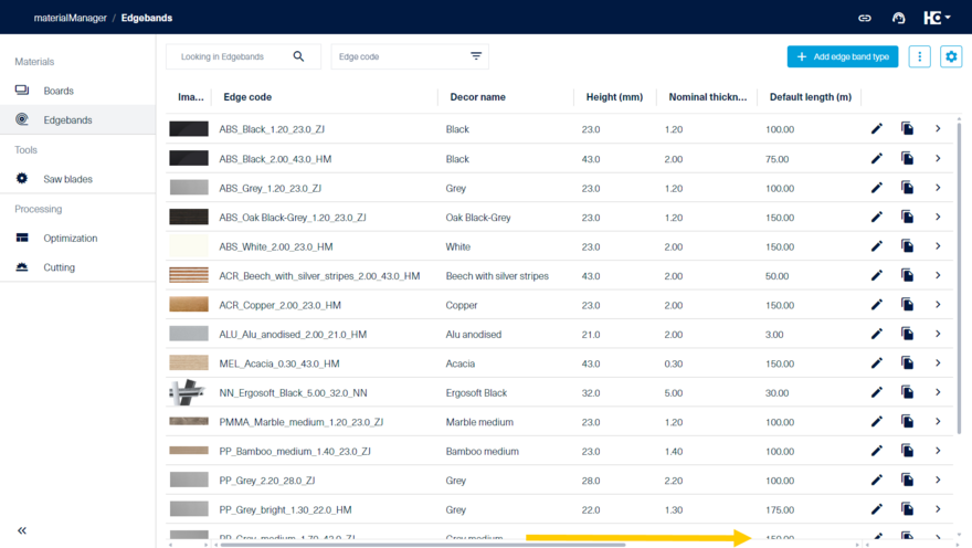 Overview of edgeband types in list view