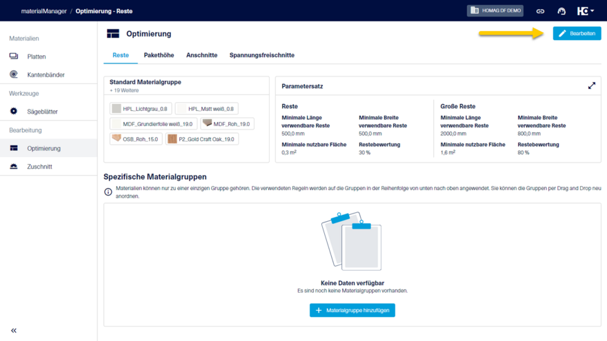 Materialabhängige Optimierungsparameter