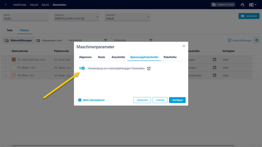 Materialabhängige Parameter für Spannungsfreischnitte verwenden