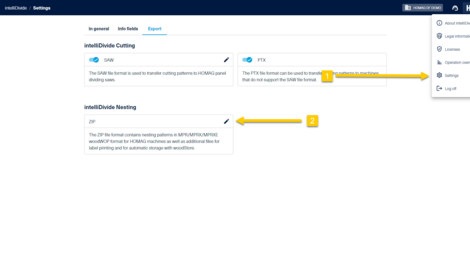 The export settings (2) for the ZIP file can be accessed from the HOMAG menu (1).