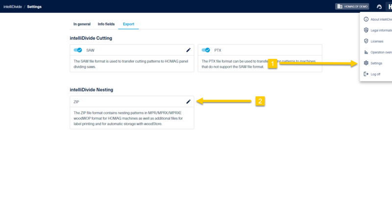 The export settings (2) for the ZIP file can be accessed from the HOMAG menu (1).