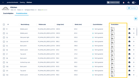 Die Spalte "Zusatzdaten" ist nun auch im productionAssist verfügbar, sodass Sie Ihre Zusatzdaten auch in der Produktion immer zur Hand haben.