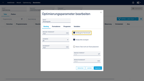 Die Option "Verlängerte Rechenzeit" kann in den Optimierungsparametern aktiviert werden. Die Option "Verlängerte Rechenzeit" kann in den Optimierungsparametern aktiviert werden.