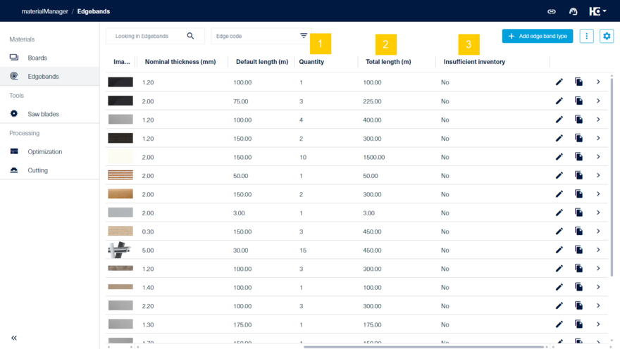 Overview of stored edgeband inventory