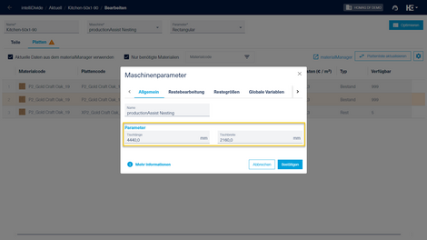 In den Maschinenparametern einer Nesting-Maschine können die Tischlänge und Tischbreite hinterlegt werden.