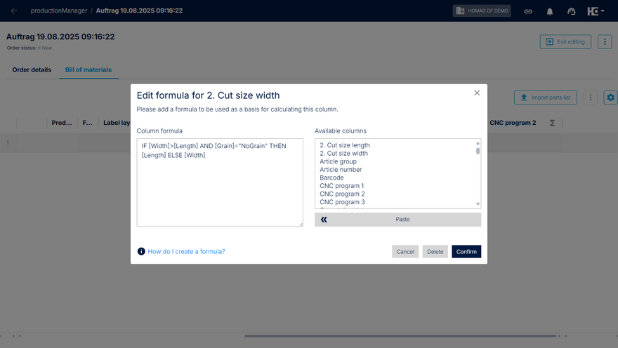 Example: formula for changing the alignment of parts