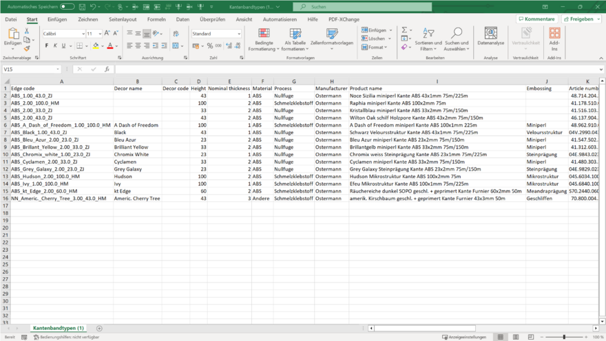 Export of edge band data in CSV format