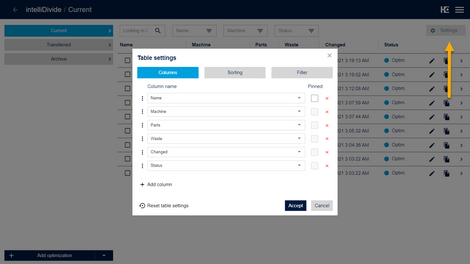 Customization of columns, sorting and filters in the settings.