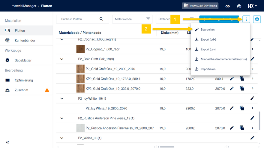 Wechsel in den Bearbeiten-Modus im materialManager