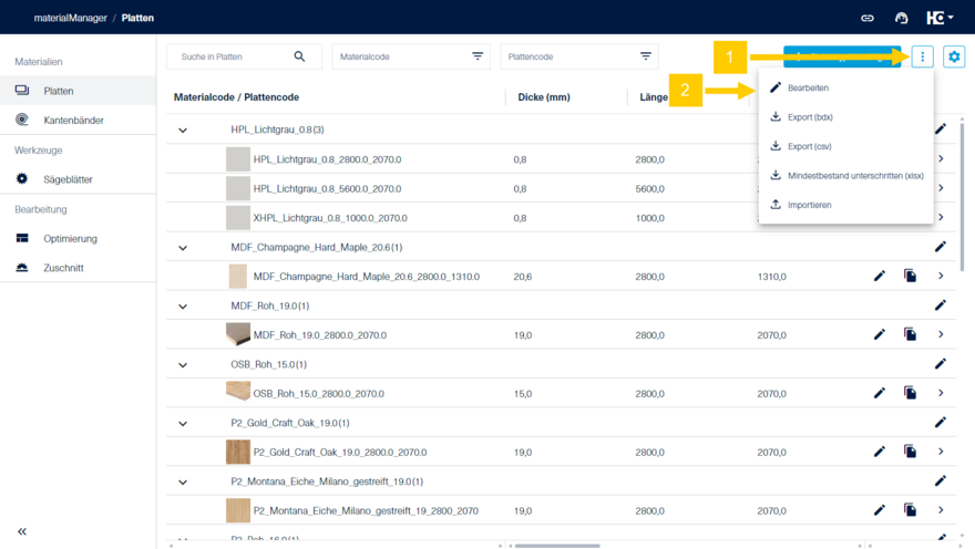 Wechsel in den Bearbeiten-Modus im materialManager