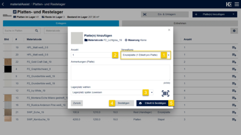 Hinterlegung von Details im Dialog "Material hinzufügen" für Platten