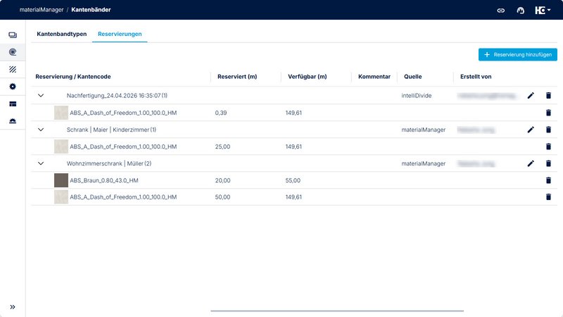 Reservierungsübersicht im materialManager für Kantenbänder